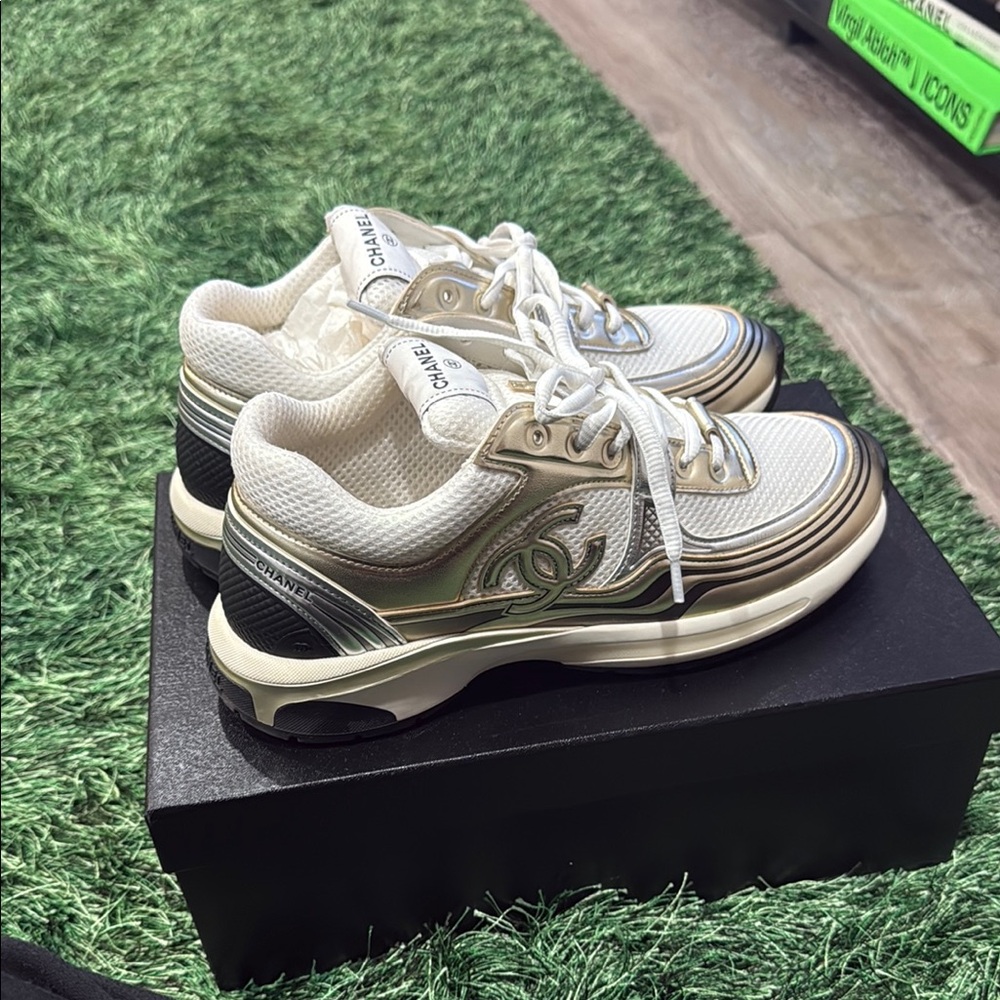 CHANEL Metallic Gold and White Sneakers - Picture 2 of 7
